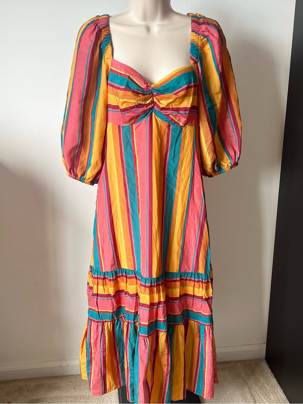 Farm Rio for Anthropologie Colorful Striped Puff-Sleeve Dress Petite Small